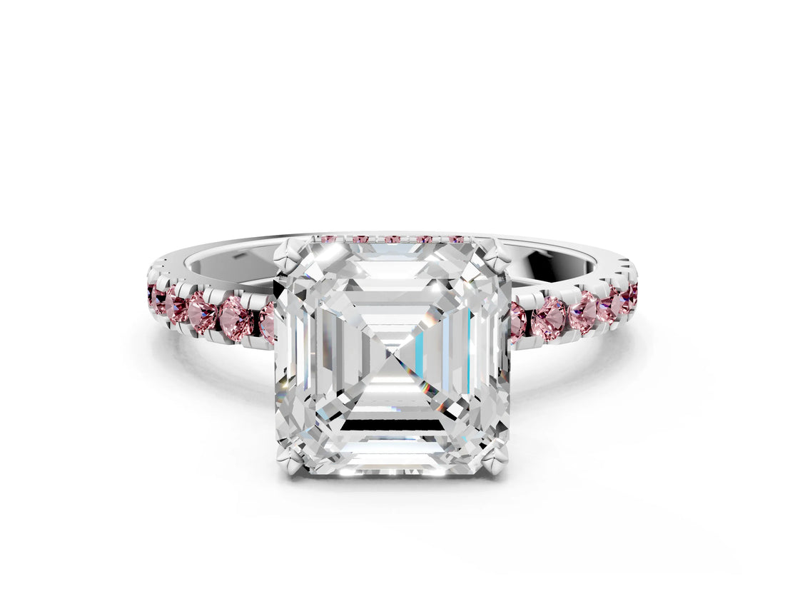 White gold Asscher Cut Diamond Solitaire Ring with Round with Morganite side stone Pavé Band and Four-Prong Setting_12