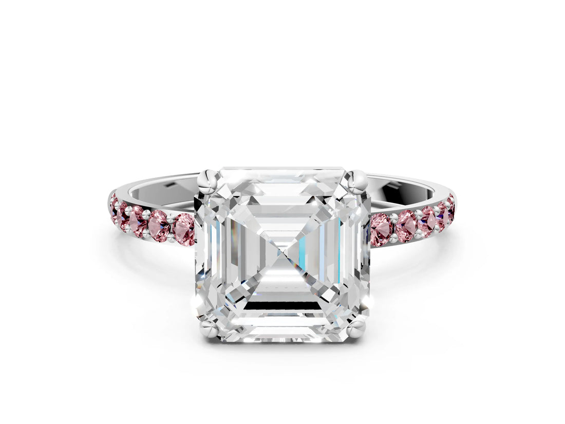 White gold Asscher Cut Diamond Solitaire Ring with Round with Morganite side stone Pavé Band and Prong Setting_12