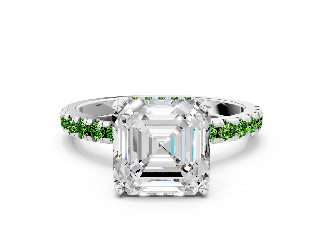 White gold Asscher Cut Diamond Solitaire Ring with Round with Peridot side stone Pavé Band and Four-Prong Setting