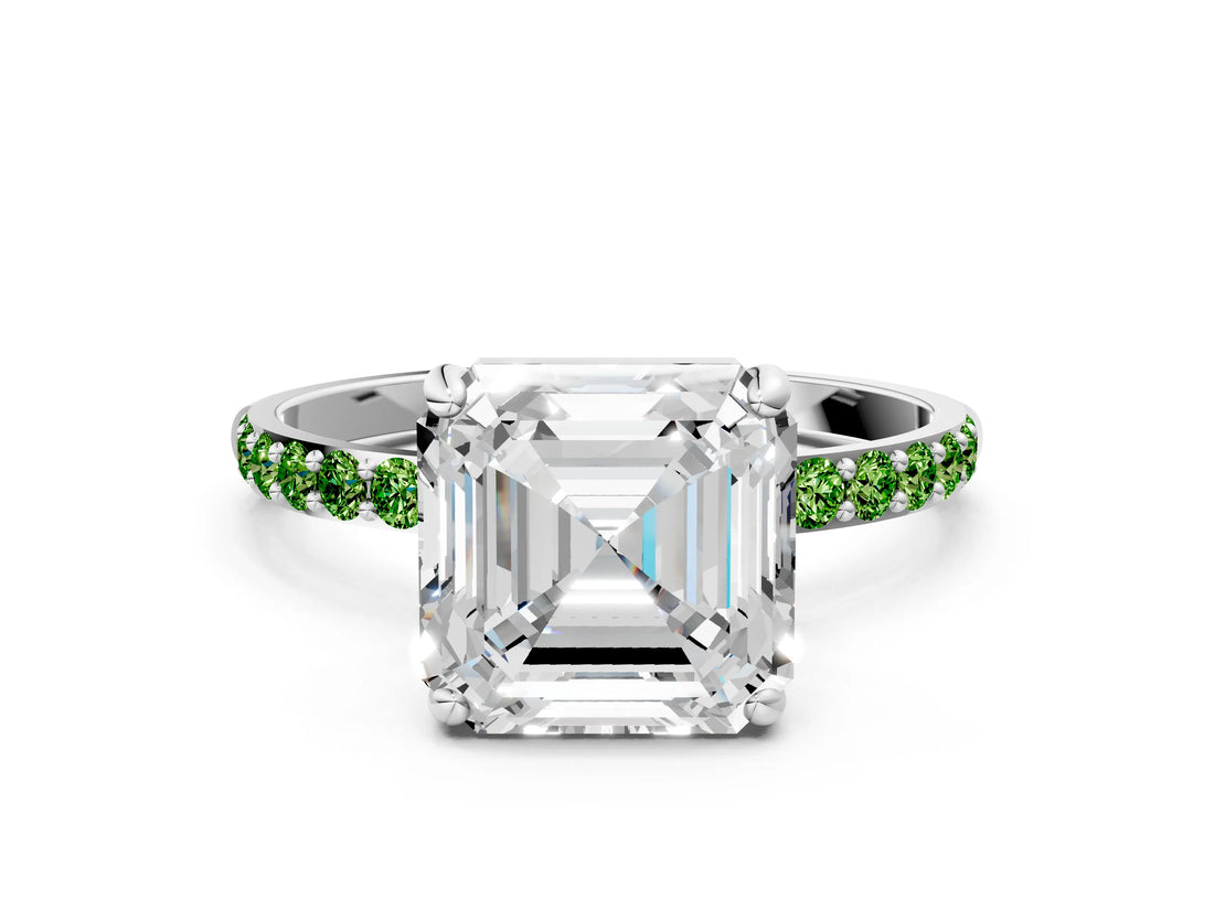 White gold Asscher Cut Diamond Solitaire Ring with Round with Peridot side stone Pavé Band and Prong Setting_24