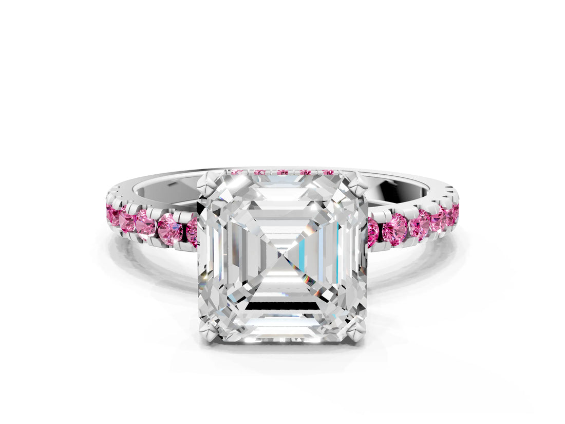 White gold Asscher Cut Diamond Solitaire Ring with Round with Pink Sapphire side stone Pavé Band and Four-Prong Setting
