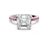 White gold Asscher Cut Diamond Solitaire Ring with Round with Pink Sapphire side stone Pavé Band and Four-Prong Setting