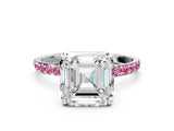 White gold Asscher Cut Diamond Solitaire Ring with Round with Pink Sapphire side stone Pavé Band and Prong Setting_12