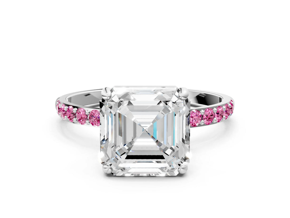 White gold Asscher Cut Diamond Solitaire Ring with Round with Pink Sapphire side stone Pavé Band and Prong Setting_12