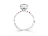 White gold Asscher Cut Diamond Solitaire Ring with Round with Pink Sapphire side stone Pavé Band and Prong Setting_15