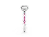 White gold Asscher Cut Diamond Solitaire Ring with Round with Pink Sapphire side stone Pavé Band and Prong Setting_38