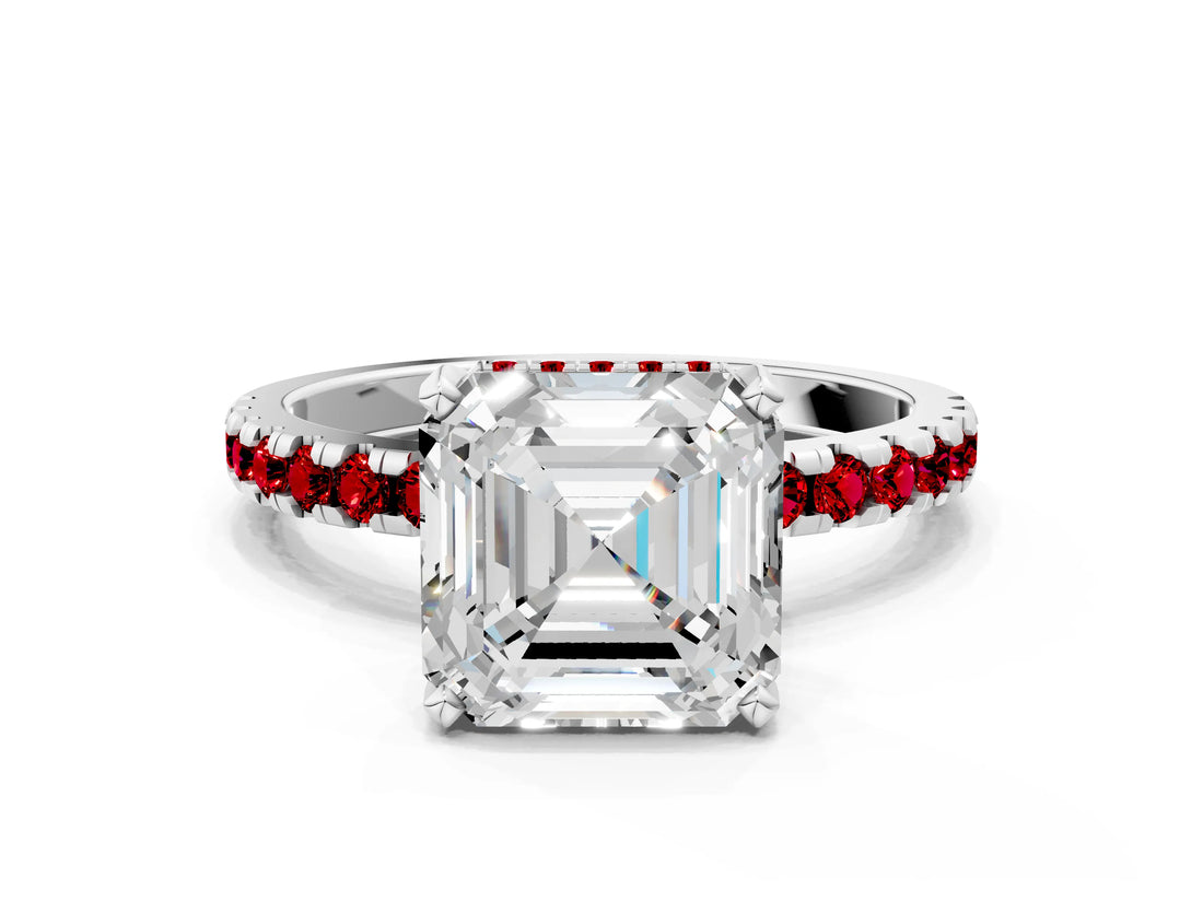 White gold Asscher Cut Diamond Solitaire Ring with Round with Ruby side stone Pavé Band and Four-Prong Setting_12