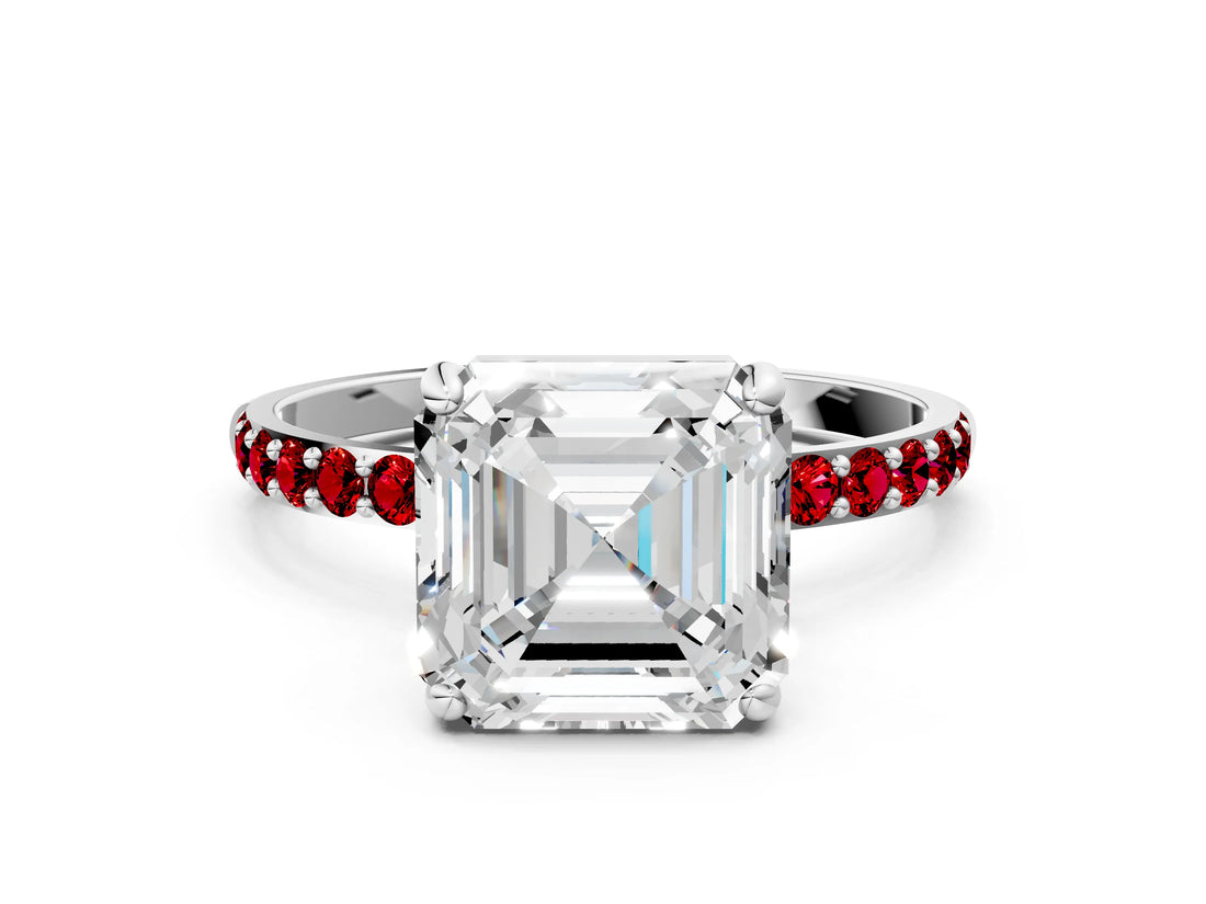 White gold Asscher Cut Diamond Solitaire Ring with Round with Ruby side stone Pavé Band and Prong Setting_36
