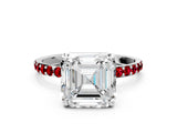 White gold Asscher Cut Diamond Solitaire Ring with Round with Ruby side stone Pavé Band and Prong Setting_36