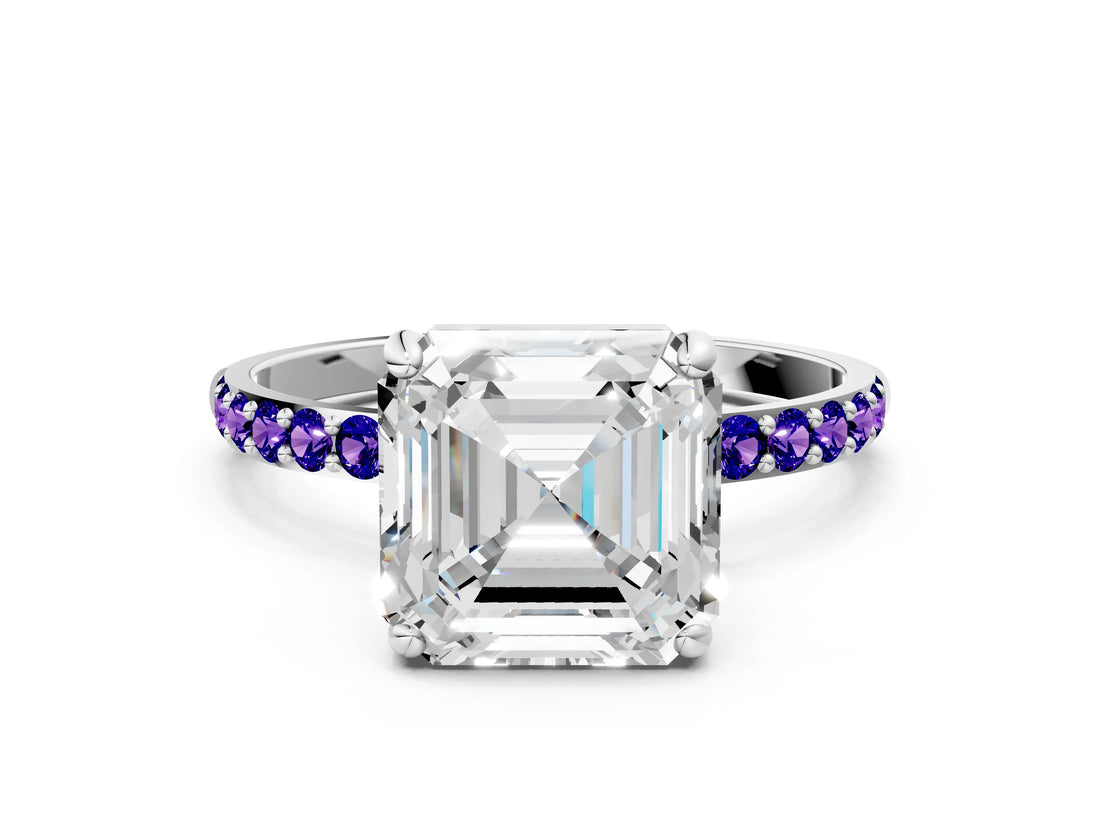 White gold Asscher Cut Diamond Solitaire Ring with Round with Tanzanite side stone Pavé Band and Prong Setting_36