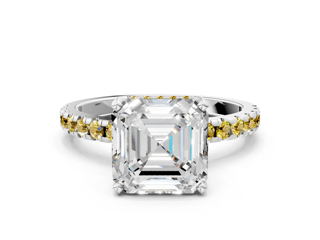 White gold Asscher Cut Diamond Solitaire Ring with Round with Yellow Sapphire side stone Pavé Band and Four-Prong Setting_12