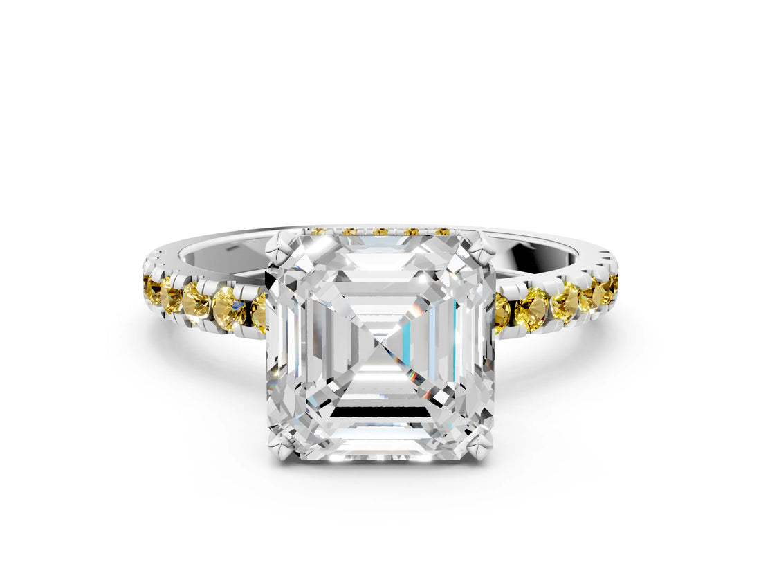 White gold Asscher Cut Diamond Solitaire Ring with Round with Yellow Sapphire side stone Pavé Band and Four-Prong Setting_36