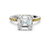 White gold Asscher Cut Diamond Solitaire Ring with Round with Yellow Sapphire side stone Pavé Band and Four-Prong Setting
