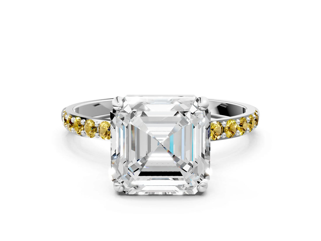 White gold Asscher Cut Diamond Solitaire Ring with Round with Yellow Sapphire side stone Pavé Band and Prong Setting_12