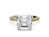 White gold Asscher Cut Diamond Solitaire Ring with Round with Yellow Sapphire side stone Pavé Band and Prong Setting_12