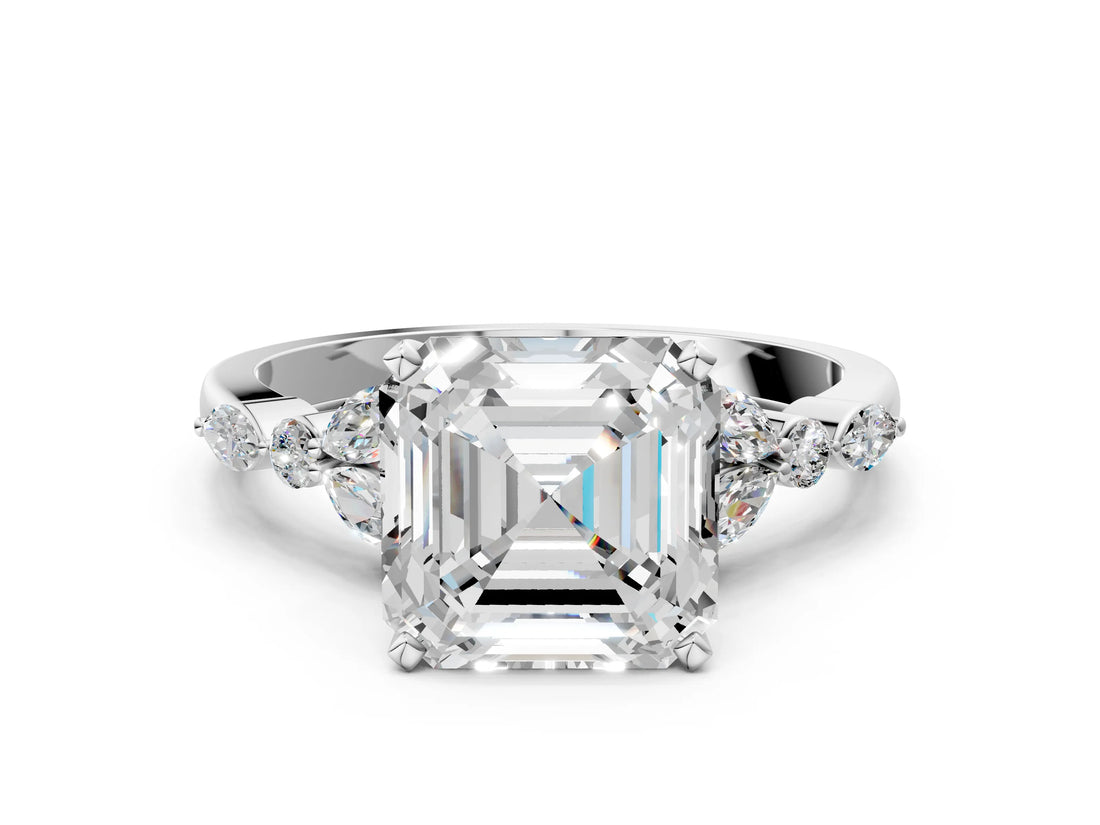 White gold Asscher Cut Diamond Solitaire Ring with Side Stones and Four-Prong Setting_45