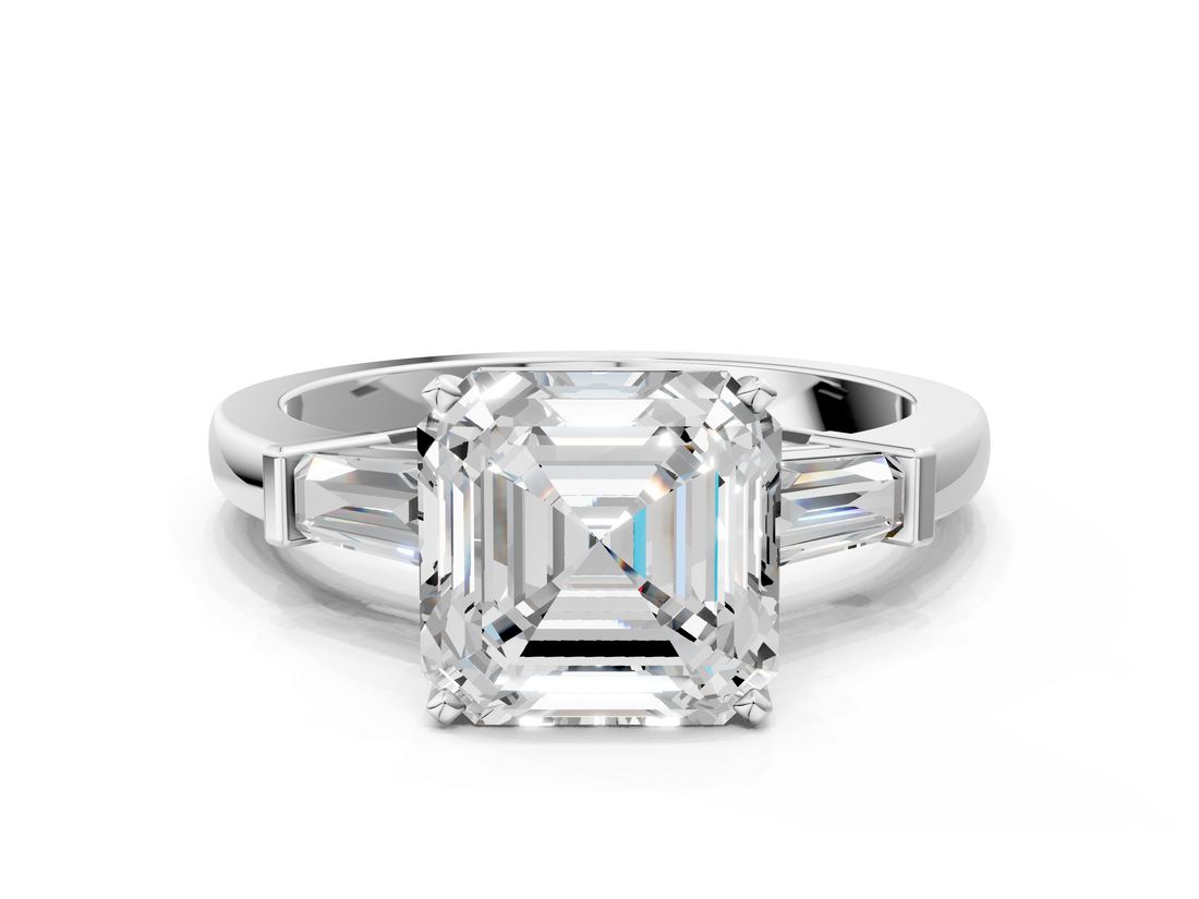 White gold Asscher Cut Diamond Solitaire Ring with Tapered Baguette Accents and Four-Prong Setting_23