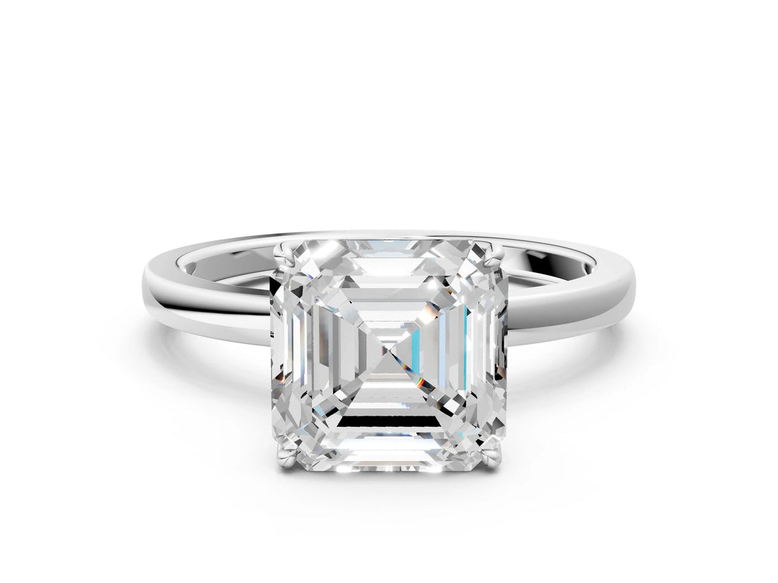White gold Asscher Cut Diamond Solitaire Ring with Thin Band and Prong Setting_12