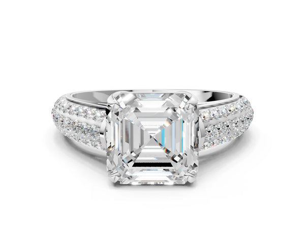 White gold Asscher Cut Diamond Solitaire Ring with Three-Row Pavé Band and Four-Prong Setting