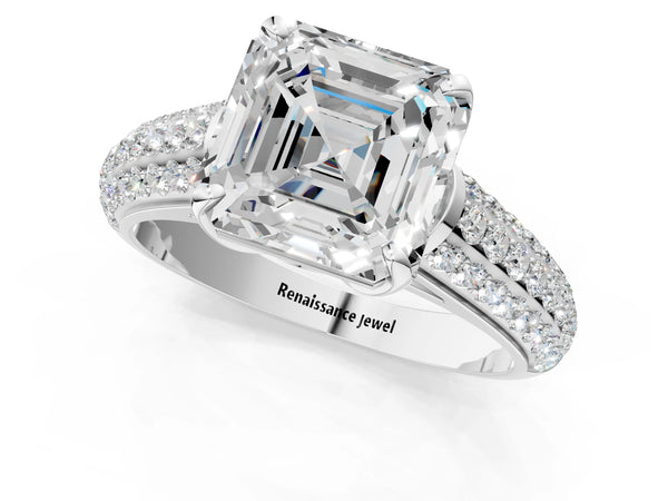 White gold Asscher Cut Diamond Solitaire Ring with Three-Row Pavé Band and Four-Prong Setting