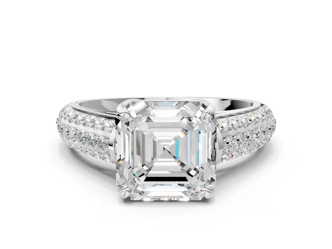 White gold Asscher Cut Diamond Solitaire Ring with Three-Row Pavé Band and Four-Prong Setting_27