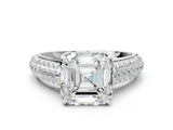 White gold Asscher Cut Diamond Solitaire Ring with Three-Row Pavé Band and Four-Prong Setting_27