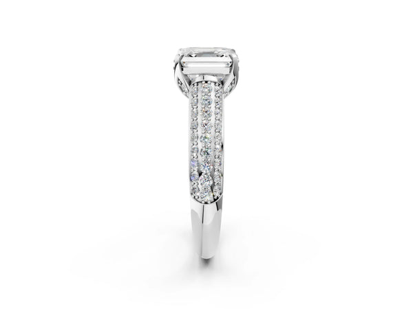 White gold Asscher Cut Diamond Solitaire Ring with Three-Row Pavé Band and Four-Prong Setting