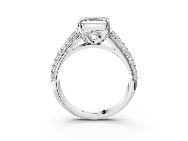 White gold Asscher Cut Diamond Solitaire Ring with Three-Row Pavé Band and Four-Prong Setting