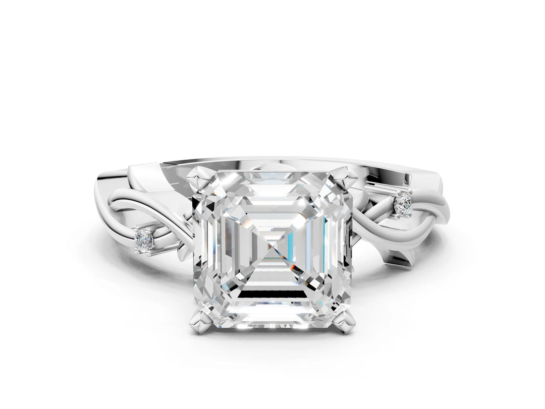 White gold Asscher Cut Diamond Solitaire Ring with Twisted Band and Prong Setting_22