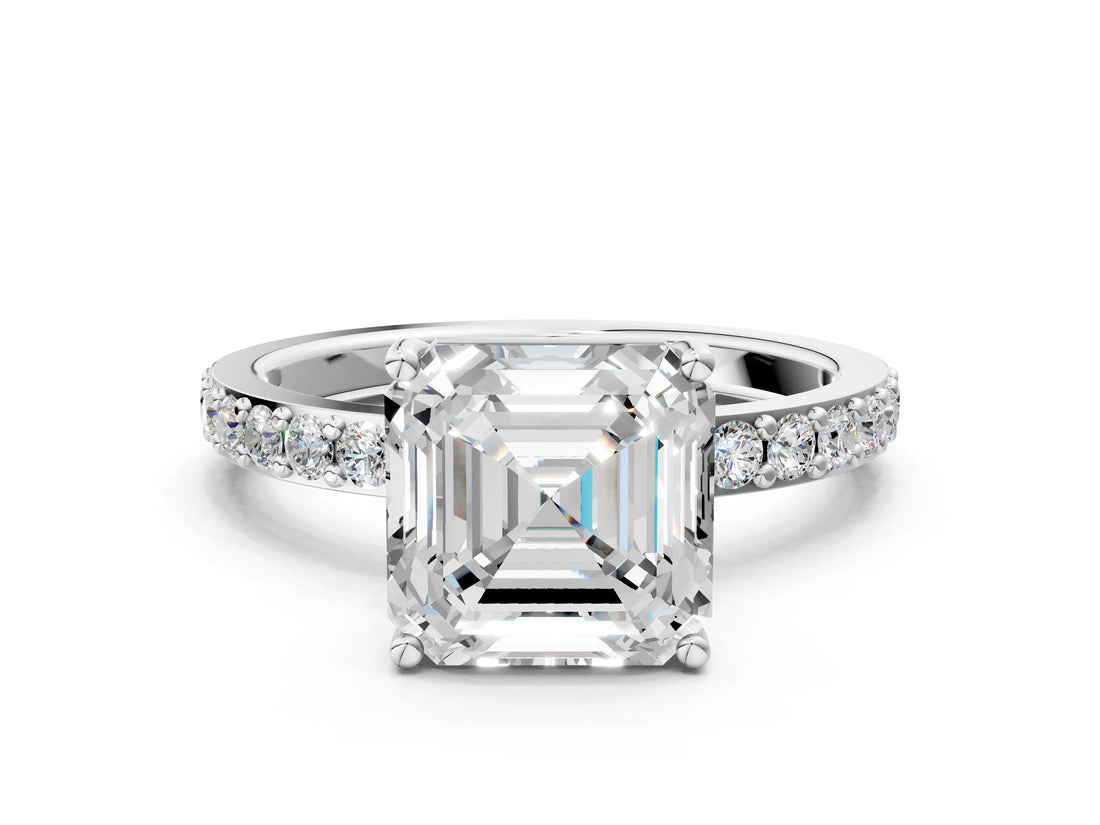 White gold Asscher Cut Diamond Solitaire with Pave Band and Four-Prong Setting_24