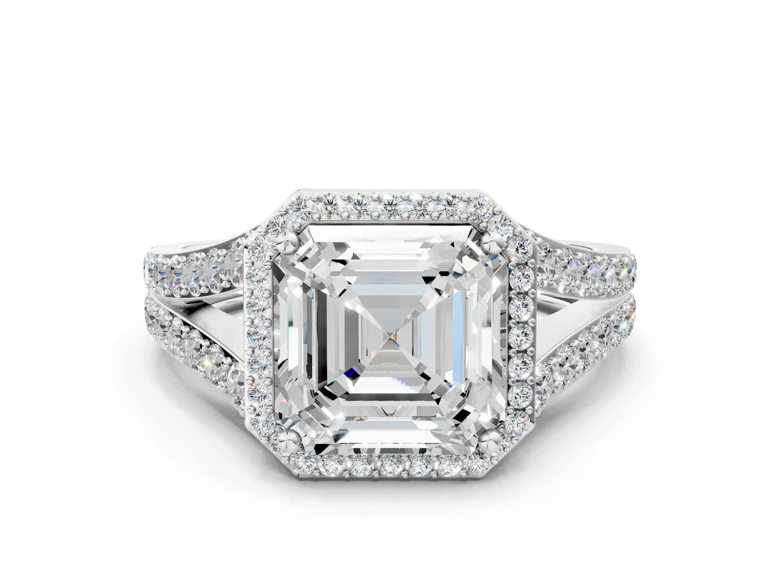 White gold Asscher Cut Diamond Split Shank Halo Ring with Four-Prong Setting_40
