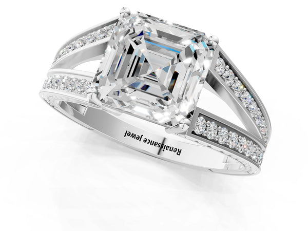 Sterling Silver Asscher Cut Split Shank Engagement Ring Setting with Pave Band and Engraved Sides