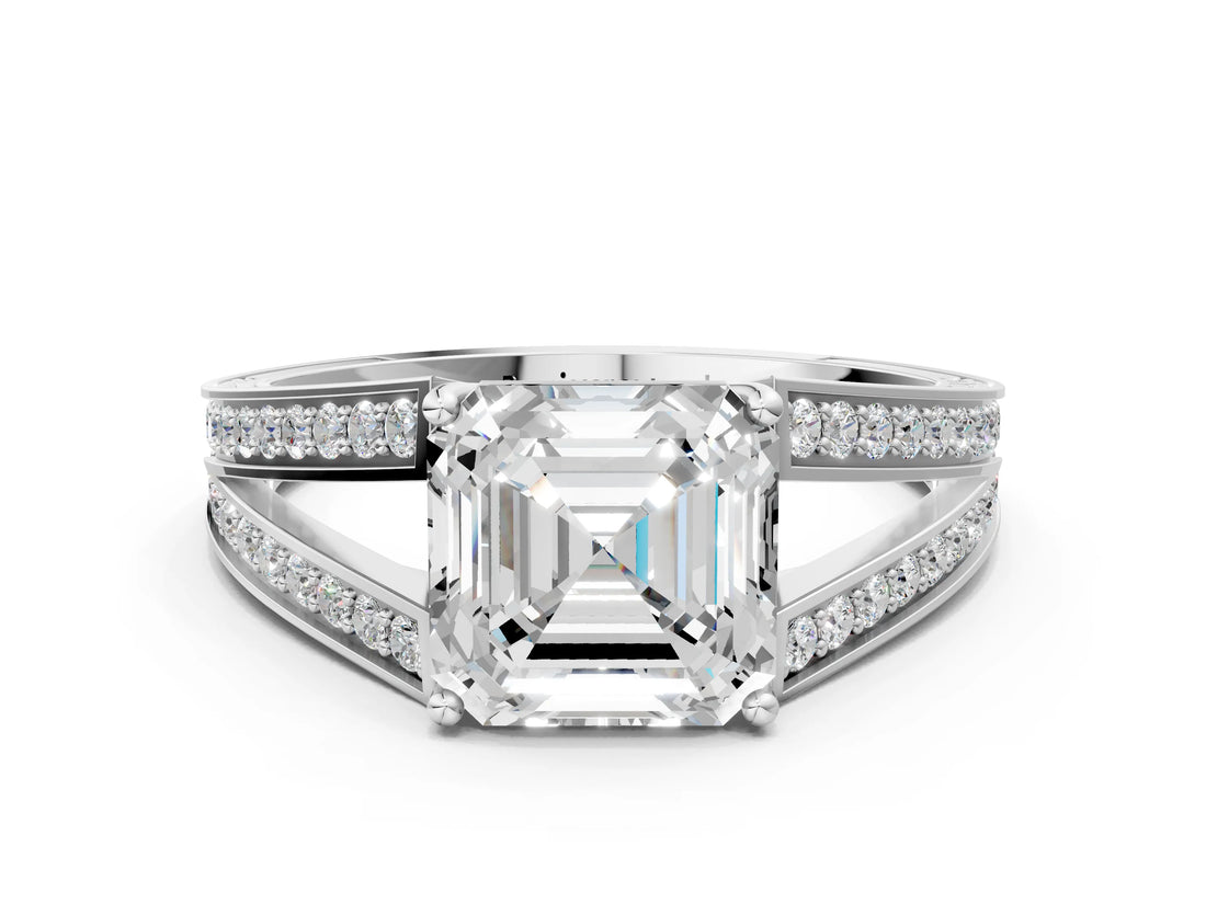 White gold Asscher Cut Diamond Split Shank Ring with Pavé Band and Four-Prong Setting_42