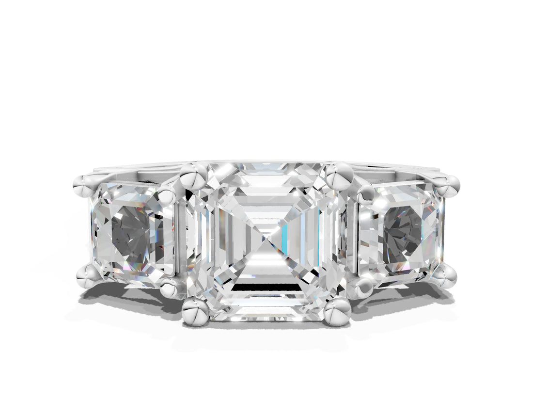 White gold Asscher Cut Diamond Three-Stone Ring with Channel Set Band and Four-Prong Setting_80