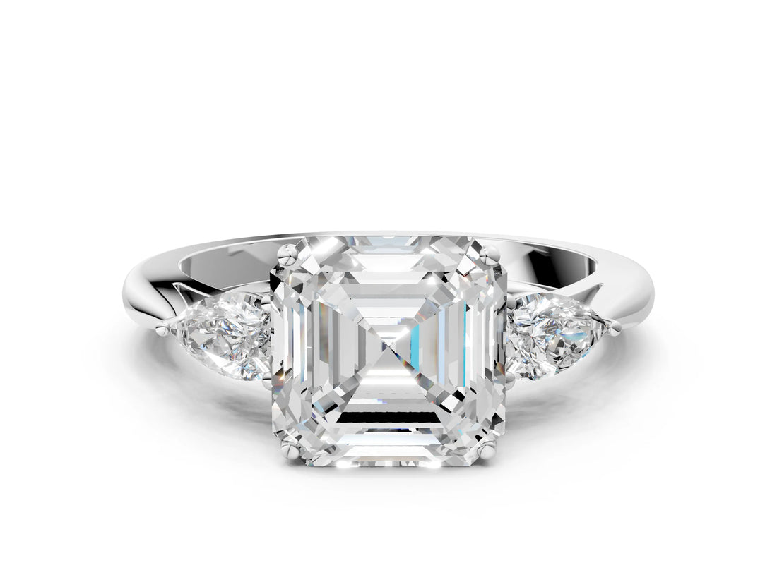 White gold Asscher Cut Diamond Three-Stone Ring with Pear Side Stones and Four-Prong Setting_113
