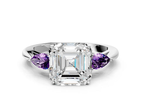 White gold Asscher Cut Diamond Three-Stone Ring with Pear with Amethyst side stone Side Stones and Prong Setting_48
