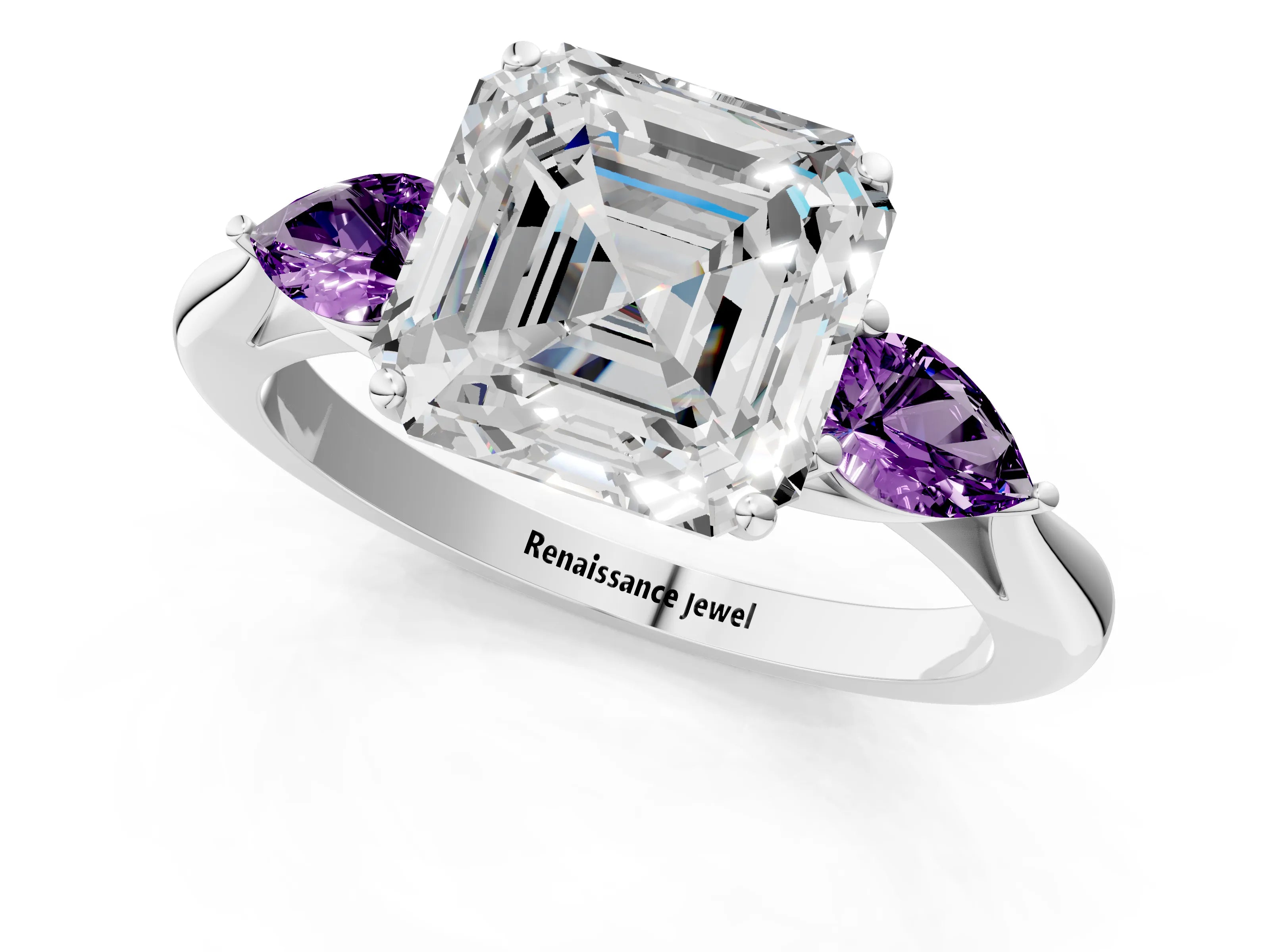 White gold Asscher Cut Diamond Three-Stone Ring with Pear with Amethyst side stone Side Stones and Prong Setting_49