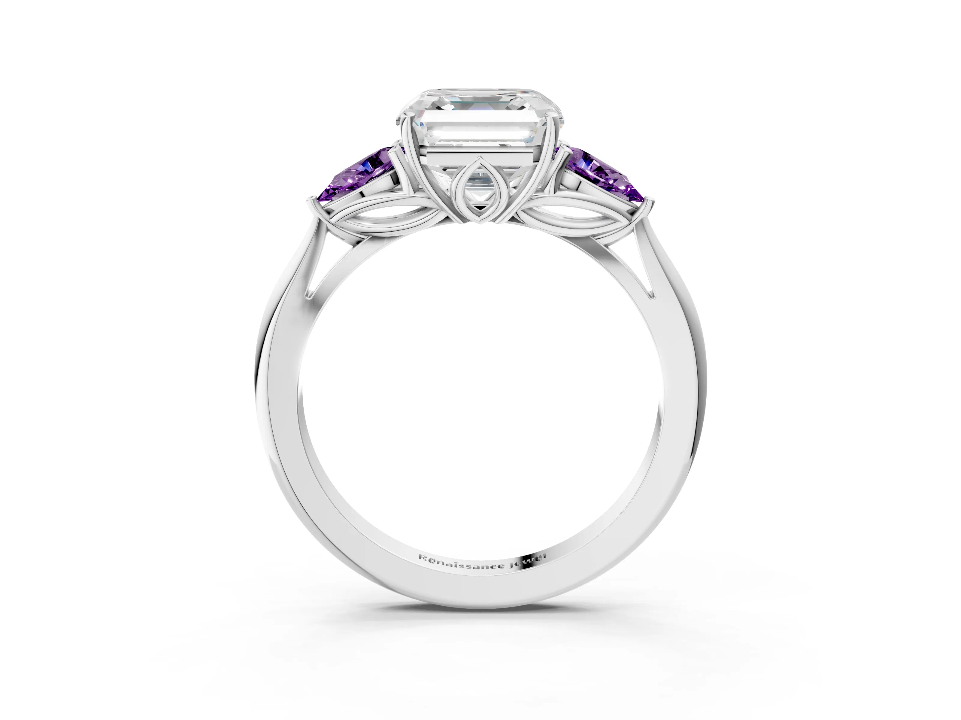 White gold Asscher Cut Diamond Three-Stone Ring with Pear with Amethyst side stone Side Stones and Prong Setting_51