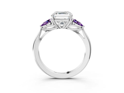 White gold Asscher Cut Diamond Three-Stone Ring with Pear with Amethyst side stone Side Stones and Prong Setting_51