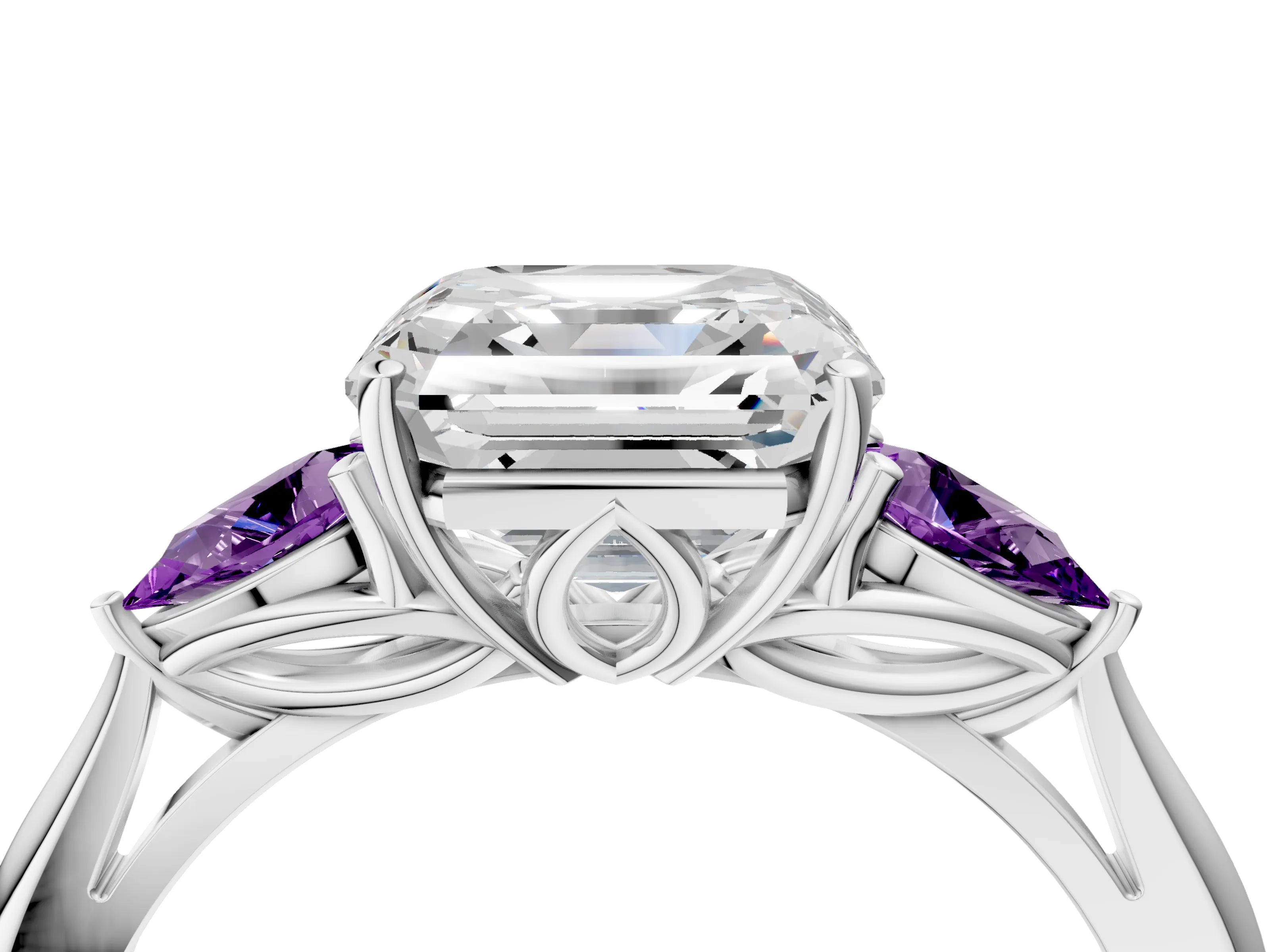 White gold Asscher Cut Diamond Three-Stone Ring with Pear with Amethyst side stone Side Stones and Prong Setting_52