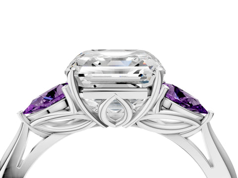 White gold Asscher Cut Diamond Three-Stone Ring with Pear with Amethyst side stone Side Stones and Prong Setting_52
