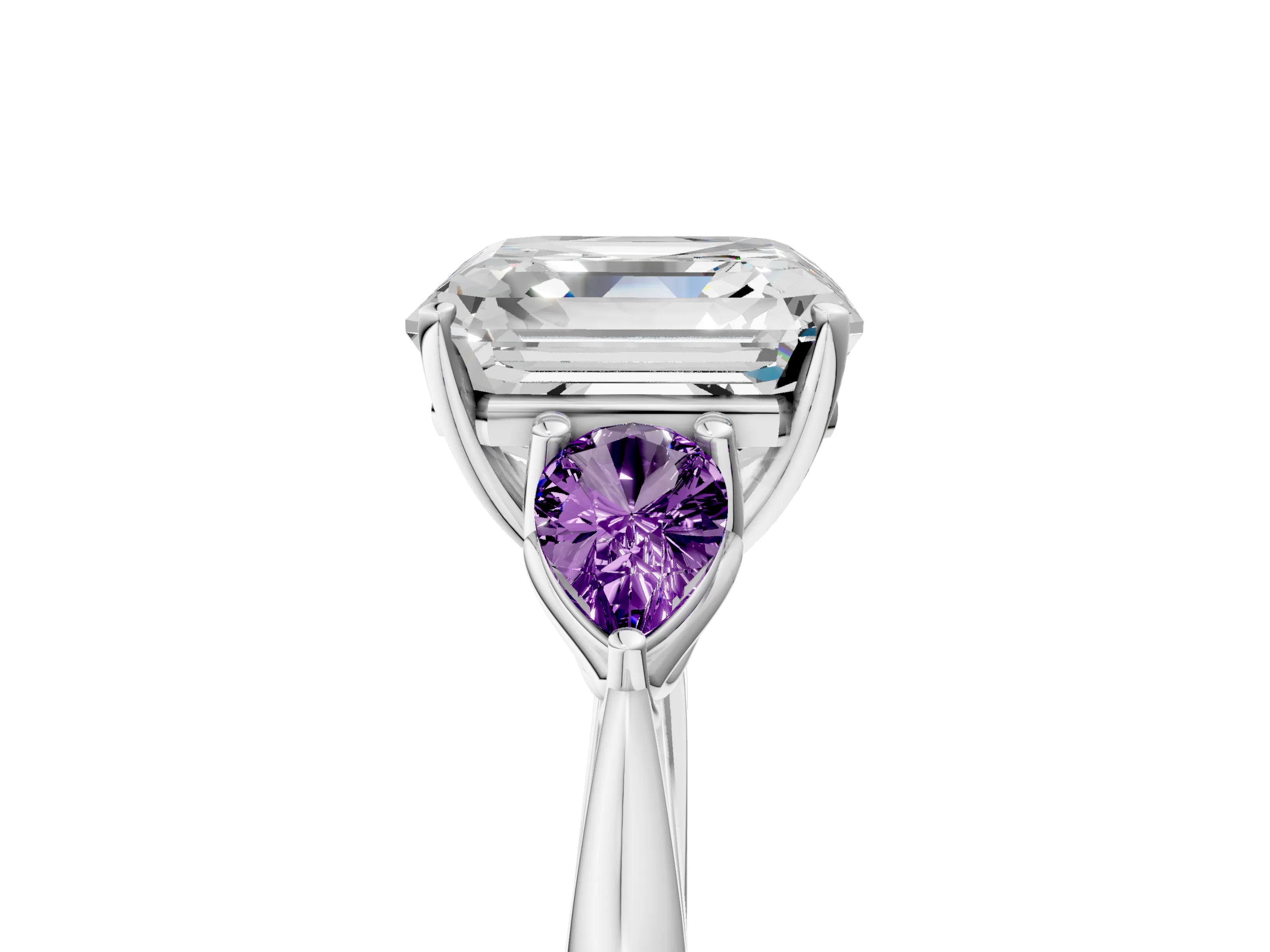 White gold Asscher Cut Diamond Three-Stone Ring with Pear with Amethyst side stone Side Stones and Prong Setting_53