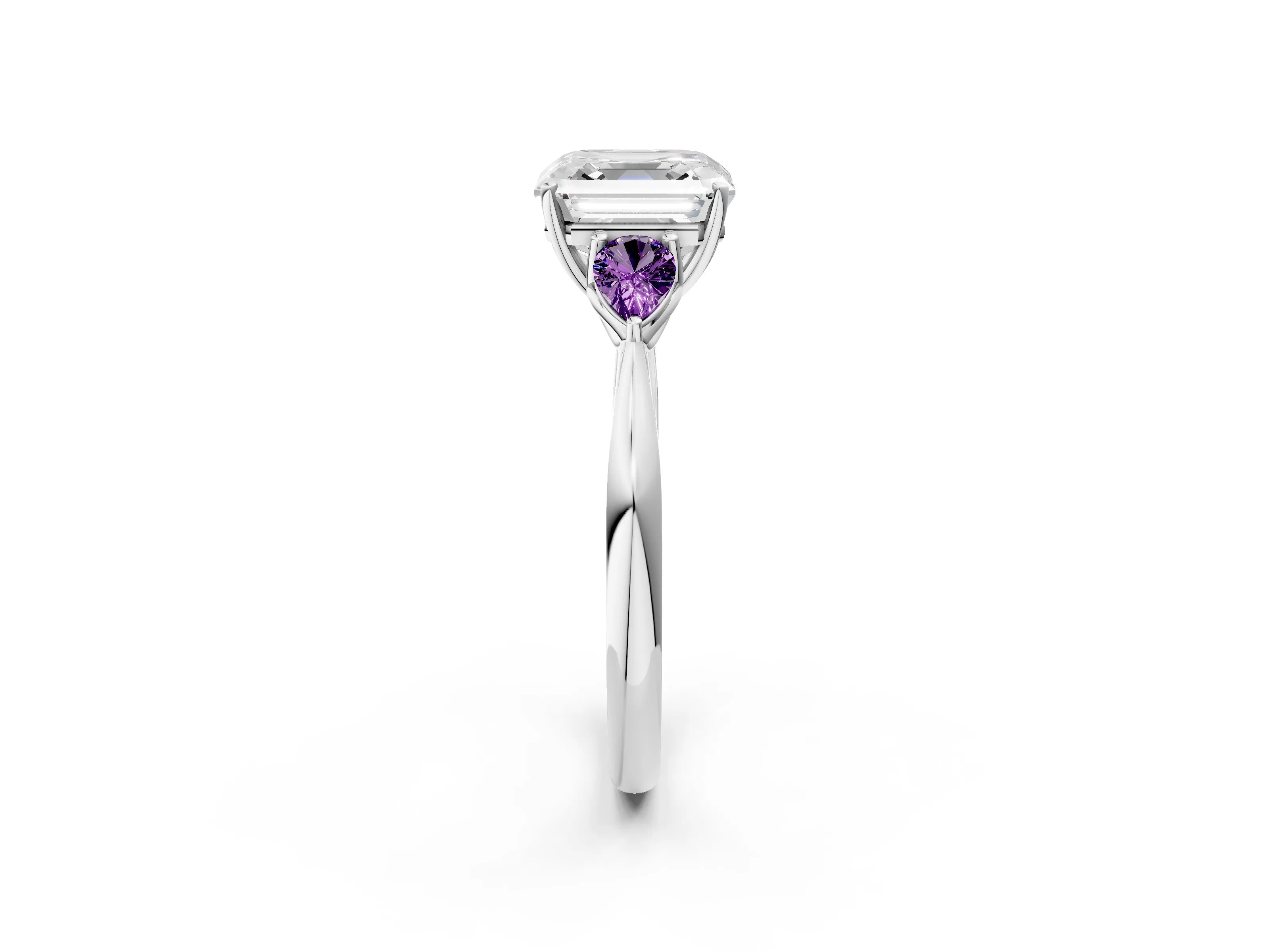 White gold Asscher Cut Diamond Three-Stone Ring with Pear with Amethyst side stone Side Stones and Prong Setting_62