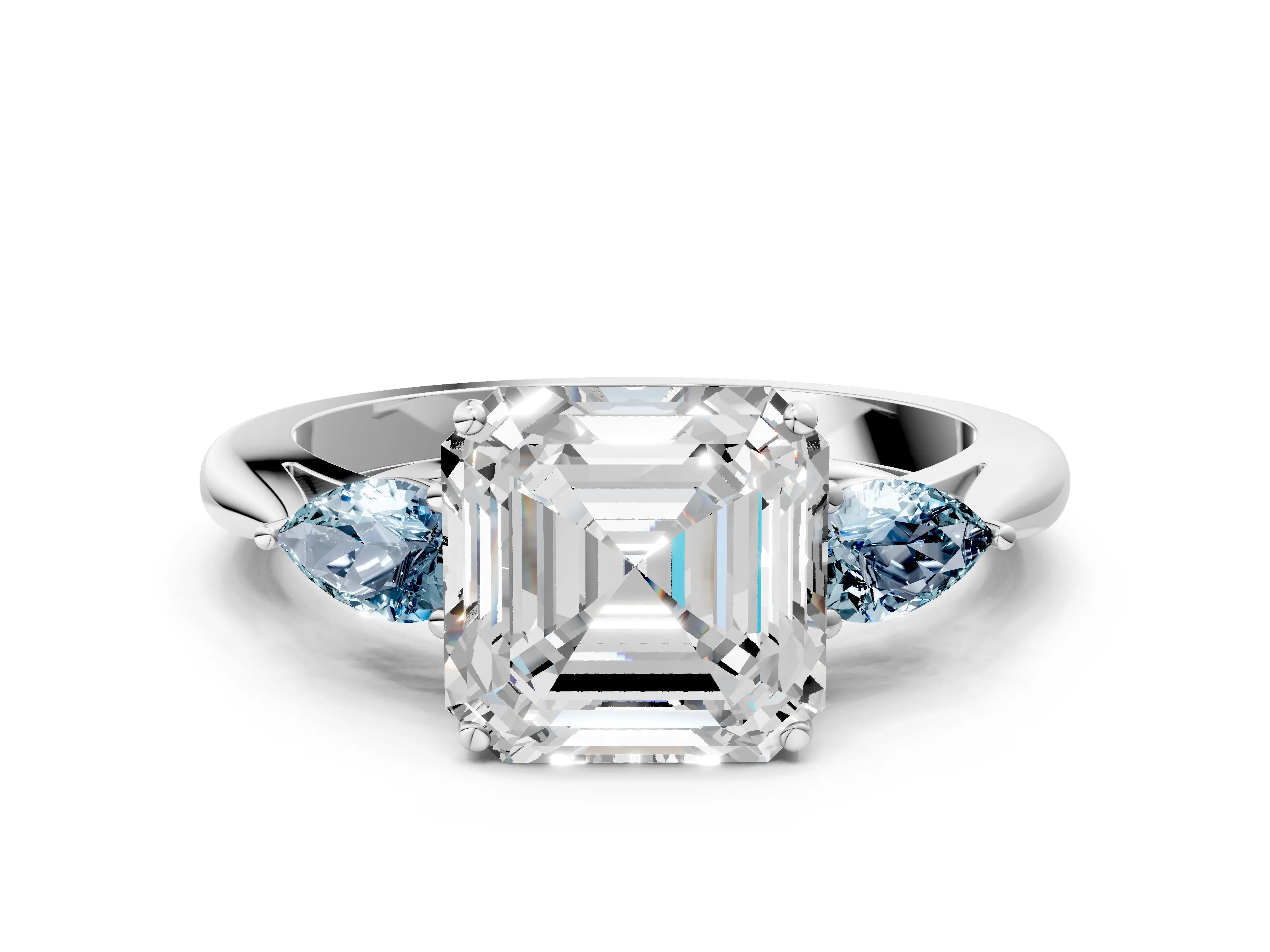 White gold Asscher Cut Diamond Three-Stone Ring with Pear with Aquamarine side stone Side Stones and Prong Setting_36