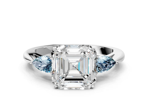 White gold Asscher Cut Diamond Three-Stone Ring with Pear with Aquamarine side stone Side Stones and Prong Setting_36