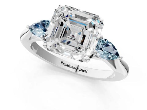 White gold Asscher Cut Diamond Three-Stone Ring with Pear with Aquamarine side stone Side Stones and Prong Setting_37