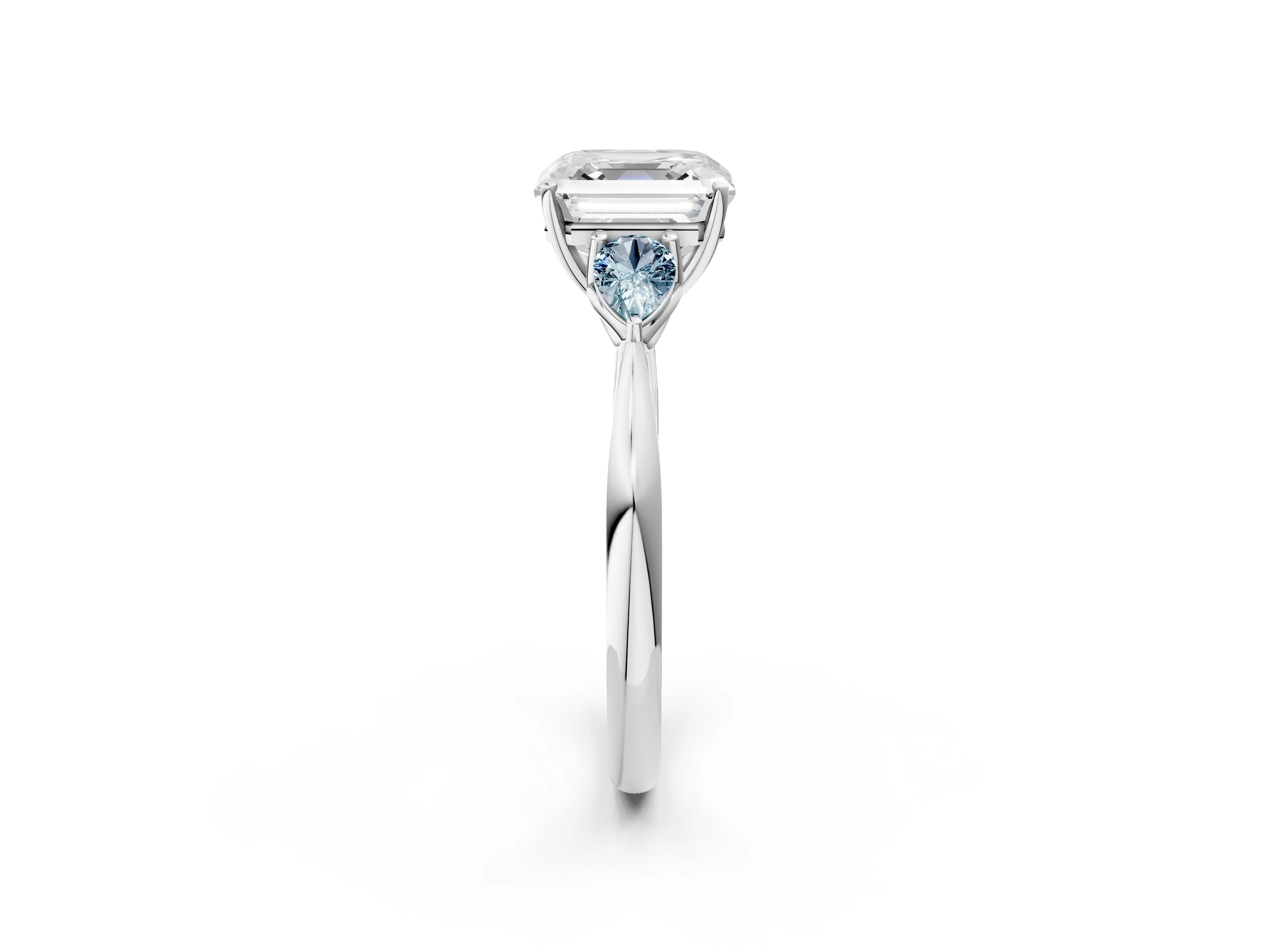 White gold Asscher Cut Diamond Three-Stone Ring with Pear with Aquamarine side stone Side Stones and Prong Setting_38