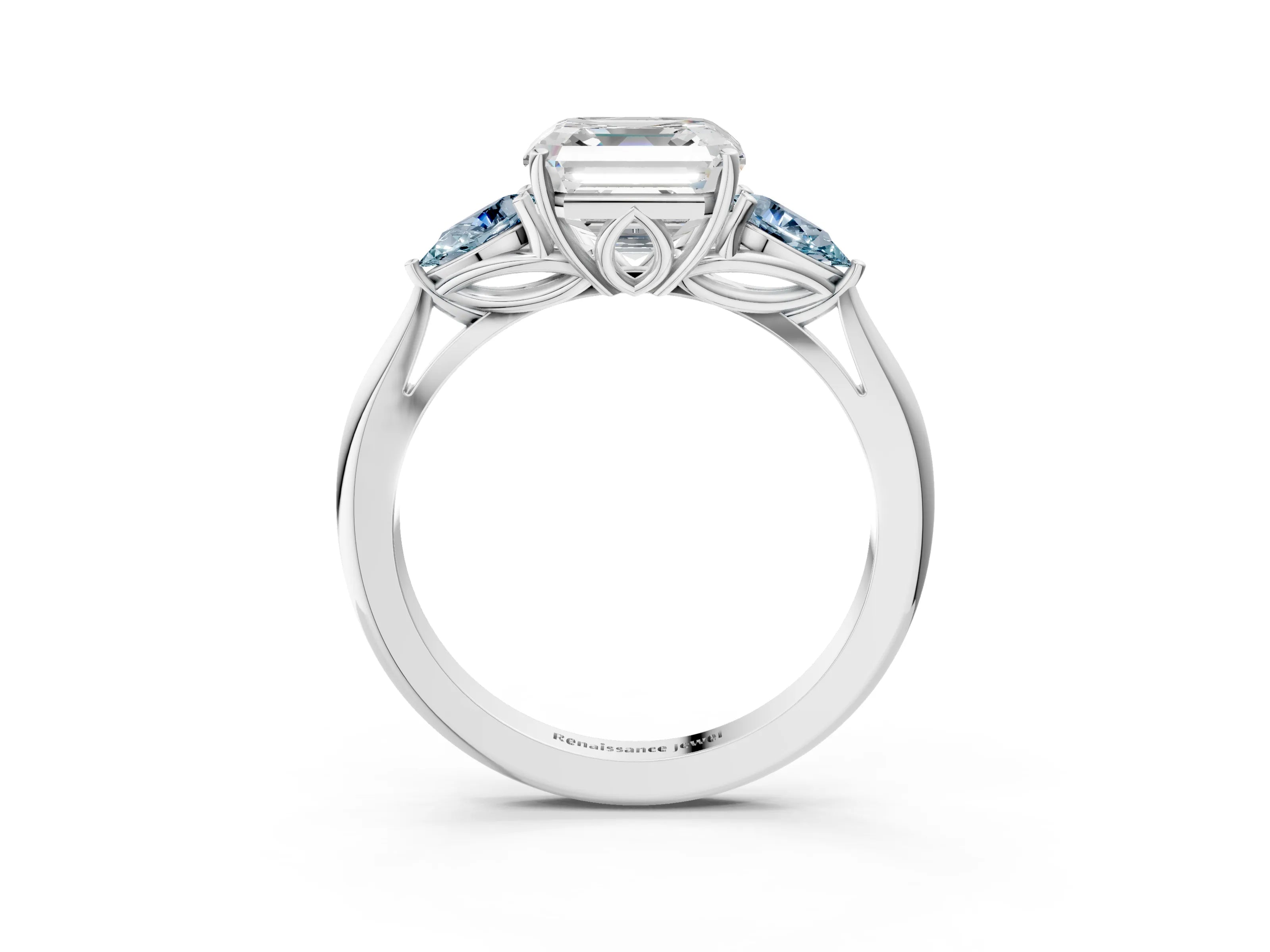 White gold Asscher Cut Diamond Three-Stone Ring with Pear with Aquamarine side stone Side Stones and Prong Setting_39