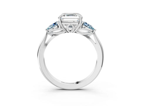 White gold Asscher Cut Diamond Three-Stone Ring with Pear with Aquamarine side stone Side Stones and Prong Setting_51