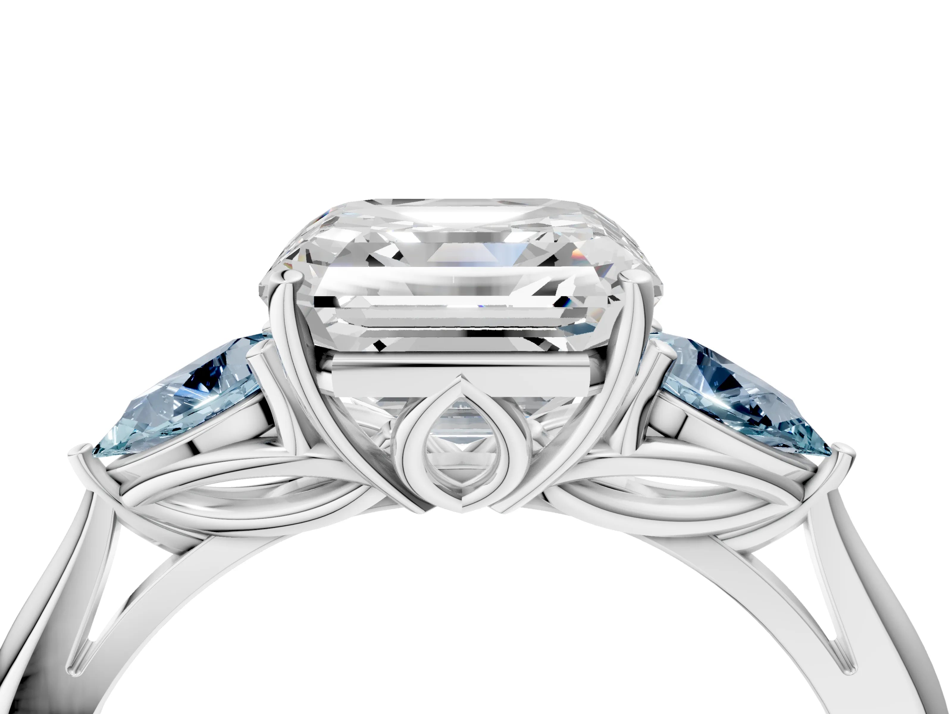 White gold Asscher Cut Diamond Three-Stone Ring with Pear with Aquamarine side stone Side Stones and Prong Setting_52